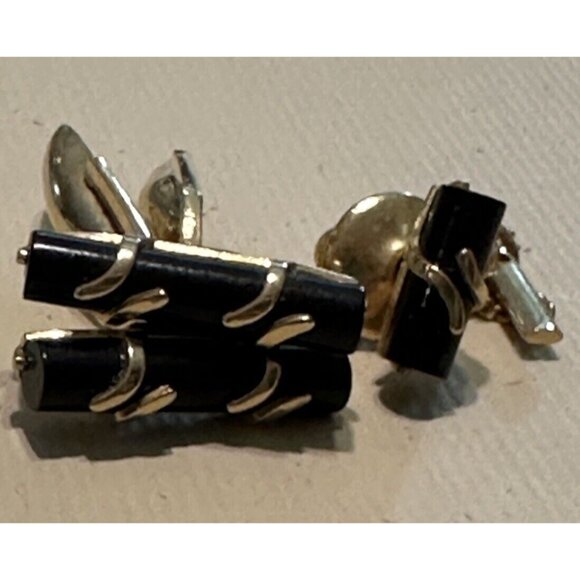 Vintage Emmons Cufflinks Tie Tack Pin Black Onyx gold tone Mid Century Wedding - Picture 2 of 9